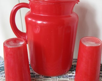 Vintage Red Pitcher with two matching Glasses