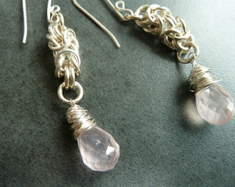 Rose Quartz Earring Drops, Byzantine Weave Sterling Silver