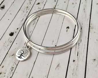 Sterling Silver Bangle Set, With Antique Silver Tree Of Life Charm, Bangle Bracelet, Silver Bangles, Charm Bracelet, Set Of 3 Bangles