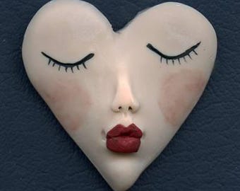 Polymer Clay Kissing Heart 2" x 2" Fleshtone Art Doll Face Cab FHF 1