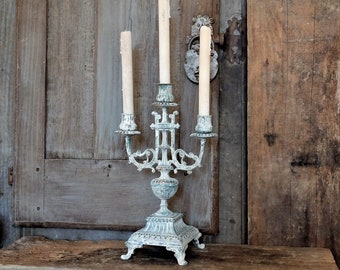 Antique candelabra, Painted bronce Candlestick, 3 branch, french vintage Shabby & Chic