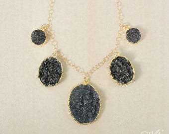 50% OFF SALE - Gold Oval Black Druzy Bib Necklace - Statement Necklace - Black Druzy Quartz