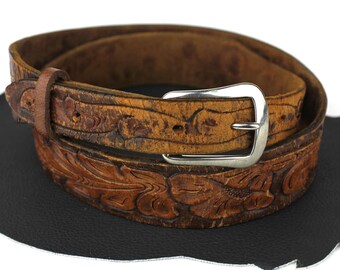 Distressed Vintage Brown Floral Hand Carved Leather Western Belt size 32