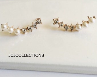Rose Gold Pearl Stud Earrings, Crystal Earrings, Minimalist Earrings