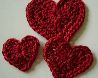 Trio of Crocheted Hearts - Red Hearts - Cotton Hearts - Crocheted Heart Appliques - Crocheted Heart Embellishments