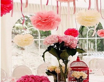 15 beautiful paper flowers, mix sizes and colors 10, 15 and 20cm