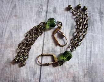Art nouveau brass earrings green glass