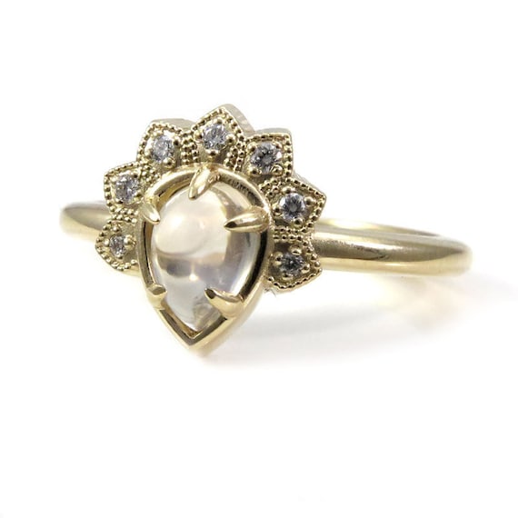 Moonstone and Diamond Asteroid Crown Ring - Rose, Yellow or White Gold Pear Engagement Ring
