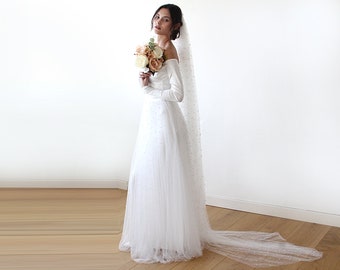 Off-Shoulder Wedding Dress, Ivory pearls tulle, Maxi Tulle Dress With pearl, Unique wedding Gown, 1178