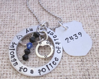Police wife jewelry-My heart belongs to a police officer- hand stamped jewelry- necklace-personalized- police jewelry--Thin blue line