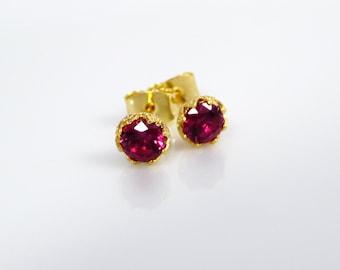 Pink ruby stud earrings, 6mm ruby cz post earrings, birthstone earrings, July birthstone