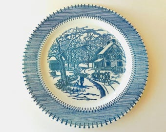 Currier & Ives Country Life Dinner Plate - Edwin M. Knowles China Co. - Blue Transferware - Victorian Farm Scene, Horse Drawn Sleigh