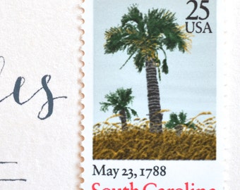 Qty: 10 Palm Tree Postage // Vintage 25 Cent South Carolina Beach Palm Tree Stamps // Ten Unused Postage Stamps