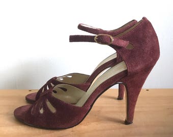 1950s Open Toe Burgandy Suede Heels with Ankle Strap and Cut Out Details