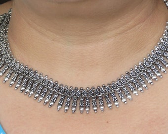 Handmade Ancient Indian Silver Sculptured Necklace,Bib Statement Necklace,ChokerNecklace,GothNecklace,BohoTribal Necklace,BridesmaidNecklace