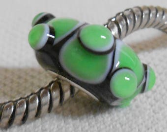 SRA Handmade Lampwork Bead Silver Cored Bead Black with Green Design and Raised Dots
