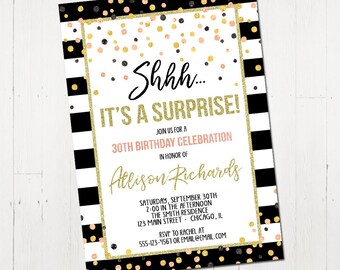 Surprise birthday invitation, shhh it's a surprise, confetti invitation, rose gold, 30th 40th 50th 60th 70th birthday, printable or printed