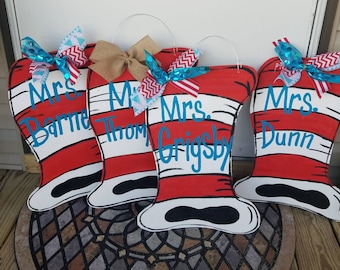 Cat in the hat dr seuss wooden or burlap door hanger