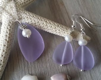Handmade in Hawaii, "Magical Color Changing" Purple sea glass necklace + earrings jewelry set, Freshwater pearl.