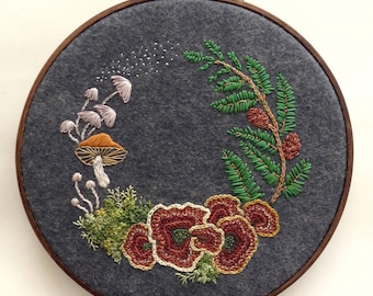Forest mushroom wreath embroidery hoop wall art