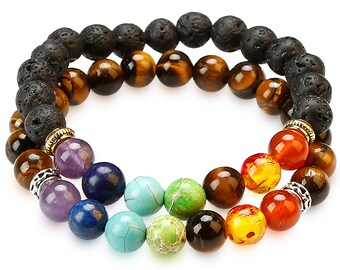 2 PACK CHAKRA BRACELETS - Lava Rock diffusible pores and 7 Chakras + Tiger Eye Stone/adjustable Elastic String - Natural Real Beads/Stones