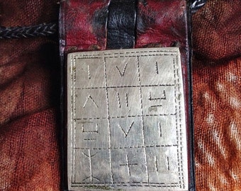 Tuareg Gri Gri Protection AMULET on dark Leather with TIFINAGH signs with Leather Cord
