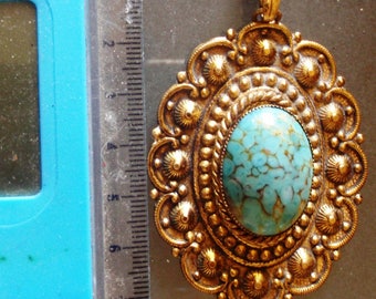 turquoise glass old gold tone large filigree vintage pendant and chain.