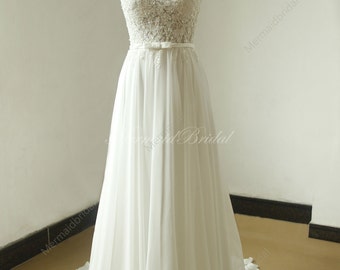 Ivory A line chiffon lace see thru wedding dress with elegant beading work