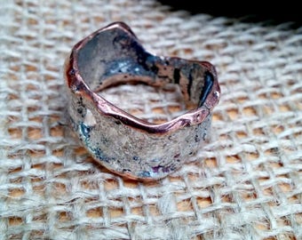 Molten Sterling Copper Ring Band. 6-13mm Irregular Wide.
