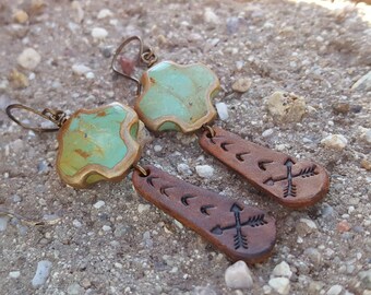 Turquoise and Leather Earrings - Hand Stamped Leather - Cross- Bronze - Cowgirl Jewelry - Leather Earrings by Heart of a Cowgirl