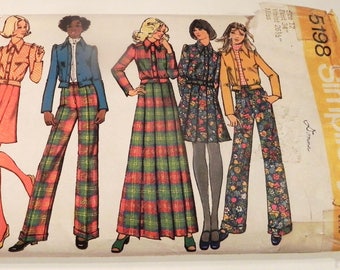 1970s Boho Jacket Maxi Skirt Cuffed pants mini pleated skirt sewing pattern Simplicity 5196 Size 12 Bust 34"