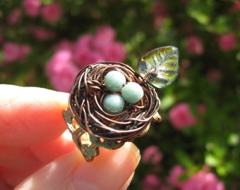 Enchanted Moss Woodland Birdnest on Verdigris Filigree adjustable ring