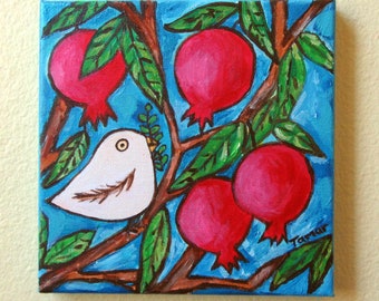 Peace Dove on a Pomegranate Tree, Original Acrylic Painting, Painting on Canvas, 8X8 , Shalom Artwork Blue, Peace Dove with Olive Branch