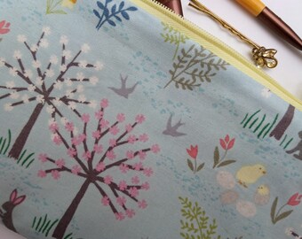 Blue makeup bag, zipper pouch, cosmetics bag, medium pencil case, spring theme gift, sister gift, blue gift
