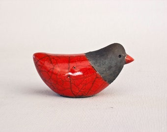 BIRD red / black 1 - Raku fired ceramic bird