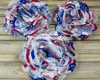 SALE 3 Fourth of July Flag Chiffon and Lace Flower - 4 inches Red White Blue 4th of July 4th Memorial Day - Patriotic DIY Headband Supplies