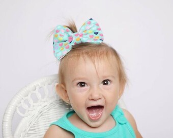 Multi Colored Hearts Handmade Fabric Hair Clip or Headband Bows