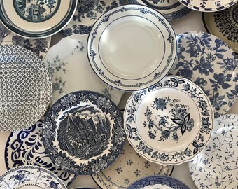 Blue White Dinner Plates Mismatched - Stripe Floral Spatter Asian Indigo Sky Ocean Blue - Wedding Shower Country Cottage Farmhouse Decor