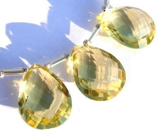 20x15mm Trio of AAA Genuine Lemon Quartz faceted pear shaped briolettes matched pair and a focal pendant
