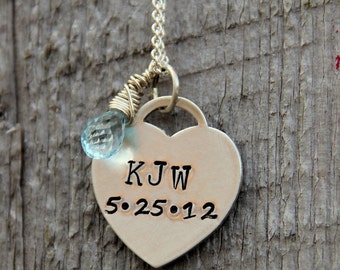 New Bride Gift, Hand stamped wedding date jewelry, Change of Name Monogram Necklace, Wedding Date Heart Pendant, Gift For New Wife