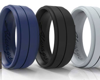 ARUA Silicone Weddings Rings for Men 3-PACK. Comfortable and Durable Rubber Wedding Bands for Sports, Gym, Outdoors.Black, Grey, Dark Blue.