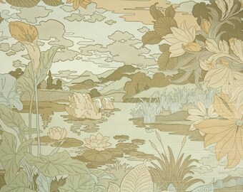 Retro Wallpaper by the Yard 70s Vintage Wallpaper - 1970s Tan and Gray Swan on Lake Bathroom Botanical Wallpaper