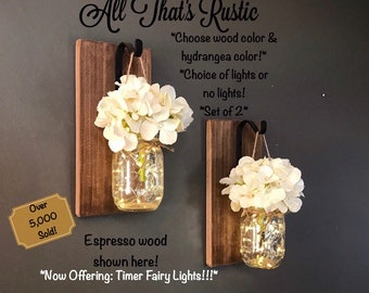 Rustic Home Decor, Home & Living, Set of 2 Hanging Mason Jar Sconces with Hydrangeas, Mason Jar Decor, Timer Lights, Mason Jar Sconces
