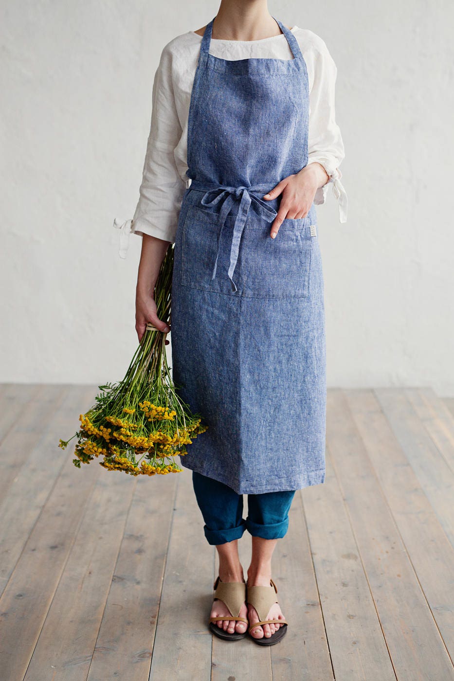 Linen woman apron. Stone washed denim linen apron. Blue full