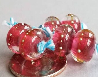 Artisan lampwork bead pairs,rose colored glass silver droplets,destash beads,handmade kiln fired,jewelry making hobby craft,3 pair