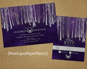 Elegant Rustic Fall Wedding Invitation,Purple,Silver,Forest,Heart,Antlers,Rustic,Simple,Shimmery,Romantic,Printed Invitation,Wedding Set