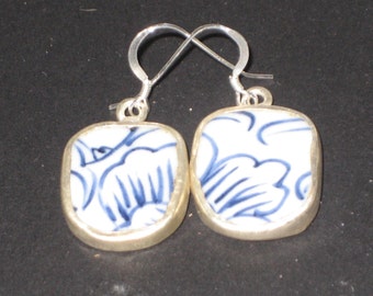 Blue Petals - Upcycled Chinese Pottery Shard Earrings on Sterling Silver Earwires