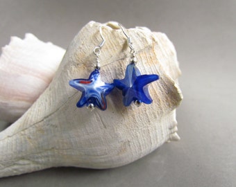 Beaded Starfish Earrings, Blue Glass, Beachwear, Gift Giving, Gift for Her, Ocean, Seaside, Sand, Handmade by Harleypaws, SRAJD