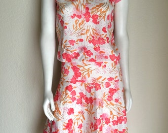Vintage Women's 70's Top, Pleated Skirt, Set, White, Pink, Floral, Polyester (M)