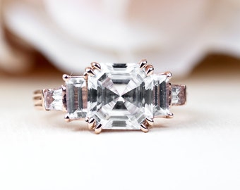 Asscher Cut Engagement Ring, Forever One Moissanite, Art Deco, 14k rose gold, Conflict Free, Unique, Asscher Diamond, White Sapphire